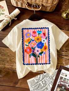 ropa de mujer Camiseta casual de manga corta y cuello redondo para mujer, con un brillante estampado floral en la espalda, de estilo bohemio. Hecho de tela de alta elasticidad. Modelo de Verano. camisas de mujer - Albaricoque - Ver 3