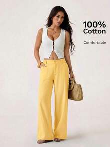 PETITE Pantalones rectos de cintura baja de 100% algodón lavado - amarillo ganso - Ver 3