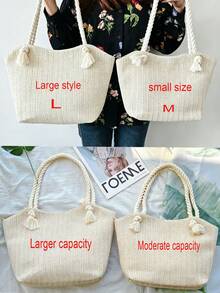 Bolso de playa de paja para vacaciones de verano, de gran capacidad, de moda, versátil, bolso de hombro casual - Blanco - Ver 6