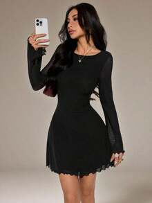 Vestido corto de mujer con mangas campana y malla con estampado de leopardo - Negro 2 - Ver 8