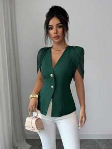 Blazer elegante y romántico para mujer con cuello en V, plisado y cintura ceñida - Verde Oscuro - Ver 4