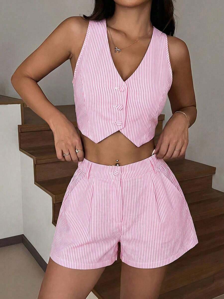 Conjunto de chaleco sin mangas y pantalones cortos a rayas azul y blanco, apto para primavera/verano y otoño/invierno - Rosa - Ver 1