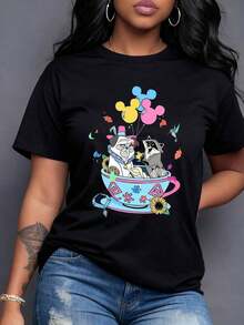 Colorful Mug With Cartoon Dogs Holding  Face Balloons Surrounded By Flowers And Leaves Symbolizing Joy And Freedom. Modern Casual Women's T-Shirt, Elegant Women's T-Shirt. - 黑色 - 查看 1