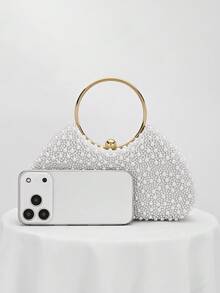 Bolso de noche de mujer con perlas, bolso de mano, bolso de embrague con correa de cadena, elegante bolso de hombro, bolso de novia adecuado para fiestas, bodas, galas, cenas, que combina con vestidos formales, vestidos de noche, vestidos de cumpleaños - Blanco - Ver 3