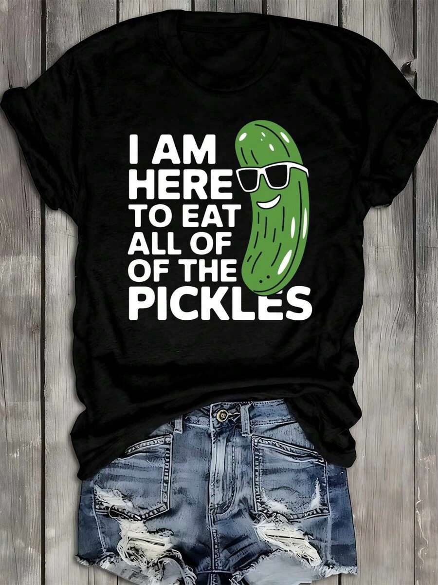 Drtidara Women's Pickle Lover T-Shirt - 100% Cotton 180G Short Sleeve Black Round Neck Casual Pickle Design, Suitable For Summer And Autumn, Daily Wear And Gifts For Pickle Fans, Machine Washable, Comfortable Pickle Themed Looks - 黑色 - 查看 1