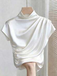 Camiseta blanca de manga corta ajustada con pliegues de unicolor y versátil para mujer - Blanco - Ver 6