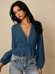 Blusa de manga larga con cuello en V profundo y lazo al frente, elegante para oficina, de unicolor - Agua verde azul - Ver 7