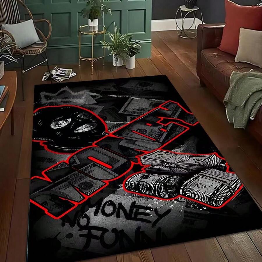1pc Black & Red Dollar Sign Decorative Floor Mat, Carpet For Bedroom, Living Room, Home Decor, Washable - Multicolor B - View 1