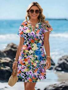 Vestido corto minimalista casual con cuello en V, adecuado para primavera y verano, ropa de verano para mujer, a rayas de colores, ropa de resort para mujer - Multicolor 2 - Ver 6