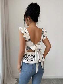 Blusa de manga corta con lazo en la espalda y cintura ceñida, con estampado posicionado en color negro sobre base color albaricoque, para mujer - Albaricoque - Ver 2