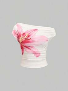Blusa elegante de mujer con estampado floral y cuello asimétrico fruncido - Albaricoque - Ver 7