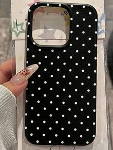 1 Semplice custodia per telefono in TPU anti-caduta, compatibile con iPhone 16, 15, 14, 13, 12, 11 Pro Max, 17, 17 Pro, 17 Pro Max, con texture in pelle di lychee, motivo a pois beige su tutto lo schermo, design personalizzato, antiscivolo - Sfondo nero con puntini bianchi - Visualizzare 4