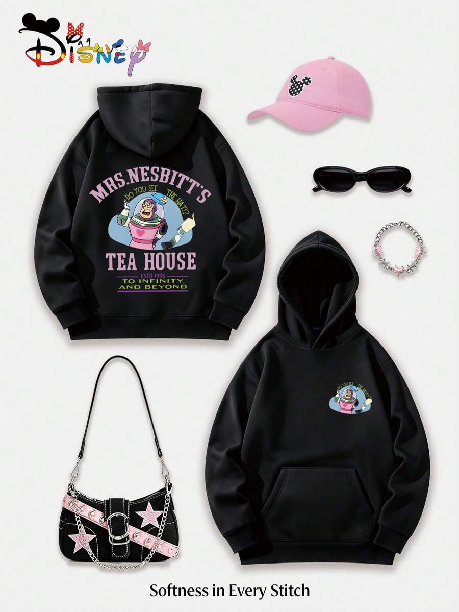 Disney Toy Story Buzz Lightyear Y2K Print Sweatshirt "TO INFINITY AND BEYOND" - A Fun, Loose-Fitting Top With A Casual, Versatile Design, Perfect For The Holidays And As A Gift. (Women's Autumn/Winter Clothing/Elegant Women's Outfits/Patterned Hoodies/Printed Tops/Casual Outfits For Women/Women Trending Now/Holiday Co-Ord/Plus Size Friendly) - màu đen - Xem 1