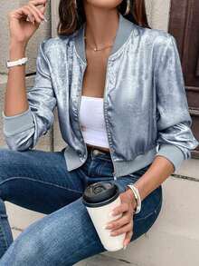 Chaqueta de béisbol con cremallera metálica dorada, puños acanalados, ajuste slim, elegante y versátil, cárdigan corto para ropa de fiesta de Año Nuevo - Azul - Ver 7