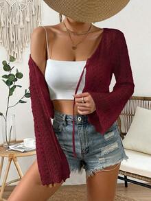 Cárdigan de punto calado de color liso casual para vacaciones - Burdeos - Ver 4