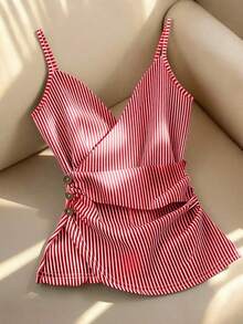 top de tirantes finos con volantes y rayas, decoración con botones y cruce delantero, para mujer, primavera/verano - Rojo y blanco - Ver 1
