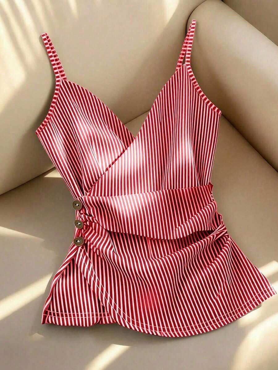 top de tirantes finos con volantes y rayas, decoración con botones y cruce delantero, para mujer, primavera/verano - Rojo y blanco - Ver 1