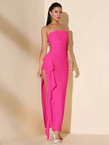 Vestido de dama de honor de boda de verano, vestido largo blanco con pliegues, abertura alta, volantes y tiras para fiesta, sin mangas y sin tirantes, sexy - Rosa Fucsia - Ver 3