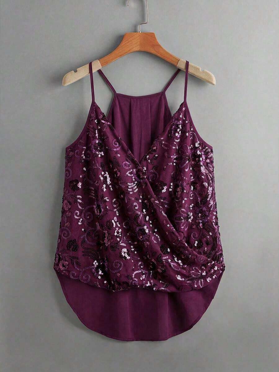 Top de tirantes finos sin mangas con envolvente cruzado y lentejuelas, moda de verano - Morado - Ver 1