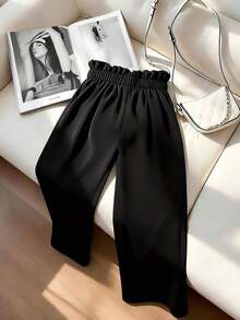 Pantalones anchos de mujer de cintura alta con pliegues y botones - Negro - Ver 2