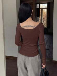 Blusa casual de mujer de punto acanalado con botones y manga corta - Marrón Chocolate - Ver 2