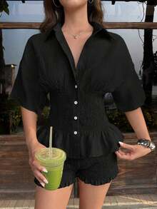 Set de camisa y pantalones cortos a cuadros tejidos para mujer, informal - Negro - Ver 5