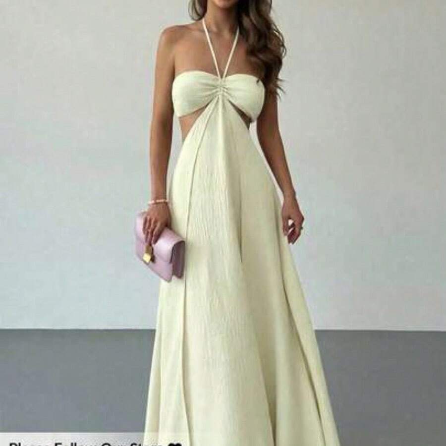 New Boho Style Dress With Oversized Ruffle, Drawstring Waist, Strapless, Versatile Wear, Romantic Beach Vacation Vibe Gown - Beis - Ver 1