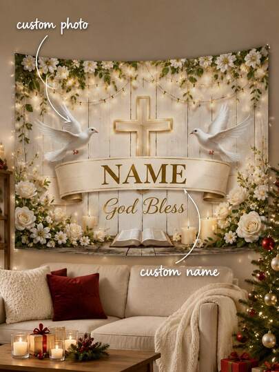 Customized God Bless Wall Tapestry With Personalized Name, Christian Religious Banner With Dove, Cross, Floral Design, Lighting, Personalized Faith Prayer Tapestry Suitable For Bedroom, Living Room, Church, Baptism Decor