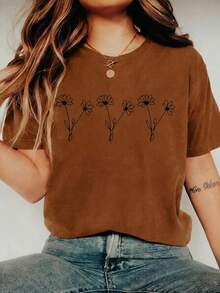 Casual Floral Print Plus Size Tee Short Sleeve Round Neck Knitted Fabric Top For Fall Everyday Wear, Bohemian Style,Only One Short-Sleeve Shirt - 駝色一件裝-3 - 查看 12