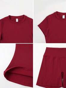 Conjunto deportivo de verano para mujer de unicolor simple con pantalón corto y manga corta - Burdeos - Ver 3