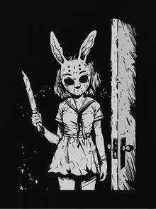 Camiseta de Mujer con Estampado Gráfico del Conejo Horror - Arte Gótico Anime, Cuello Redondo Casual, Lavable a Máquina para Todas las Temporadas, Moda Alternativa Top, Atuendo casual, Diseño Audaz, Material Transpirable, Camisa Llamativa, Para Amantes Del Streetwear - Negro - Ver 2