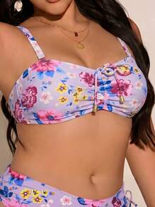Bikini mujer floral 2 piezas copa horizontal  sin aro con relleno extraíble y tirantes ajustables  Bohemio    Anilla    Vacación  Playa - Morado - Ver 4