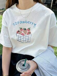Women's Short Sleeve T-Shirt With Blue Strawberry Print And Blue Lettering, New Summer Fashion, Versatile Y2K Top With Round Neck And Loose Fit. - White - View 7