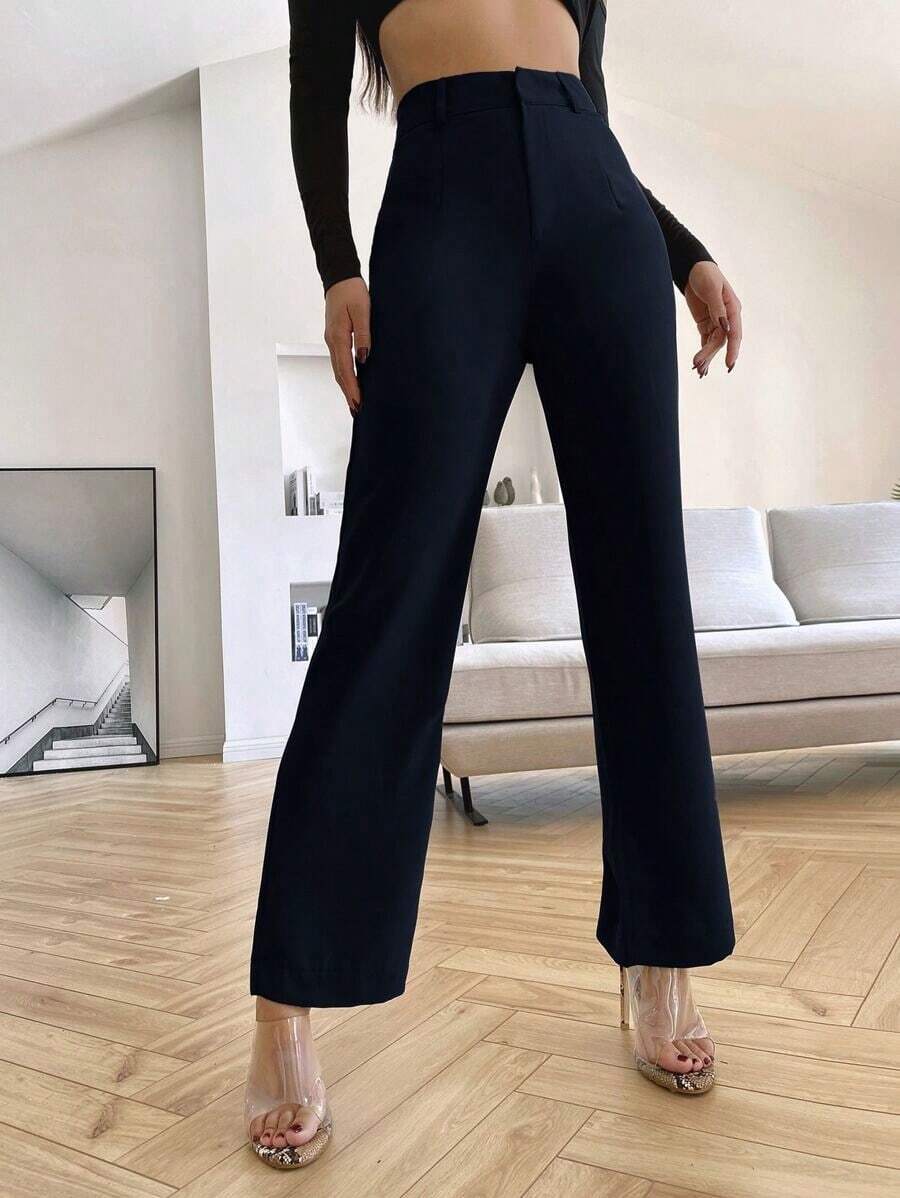 Pantalones de pierna recta unicolores - Azul marino - Ver 1