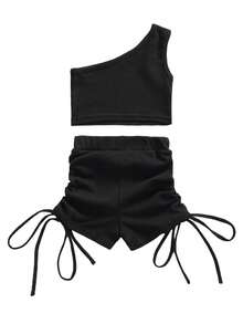 2 Pieces Kids Suit Set, Solid Color One Shoulder Sleeveless Tops+ Shorts with Drawstring for Toddler Girls, 2-10 Years - Negro - Ver 5