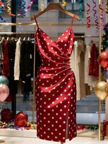 Vestido de slip sexy para mujer con cuello en V, adorno de volantes, botones decorativos y estampado en la cintura, ideal para uso diario, cóctel y fiesta - Rojo - Ver 3