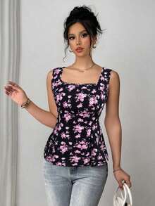 Camisa sin mangas para mujer con cuello mao y corbata plegable de tela estampada - Negro - Ver 5