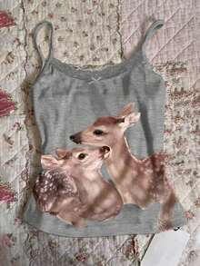 Camiseta de tirantes de mujer con bordado de perro salchicha, corazón y rayas con encaje de contraste - Multicolor 3 - Ver 1