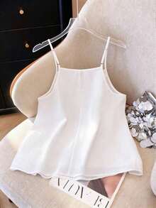 Blusa sin mangas de mujer con cuello plisado, decoración de botones de colores y diseño minimalista elegante de unicolor - Blanco - Ver 2