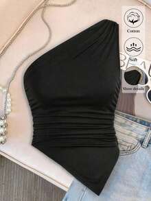 Blusa de verano casual y de vacaciones para mujer, minimalista, de unicolor, con pliegues, ajustada, con bajo asimétrico, top de un hombro, top de un hombro XXS para mujer, negro fruncido, body suit tops, tops, top de un hombro negro - Negro 2 - Ver 10