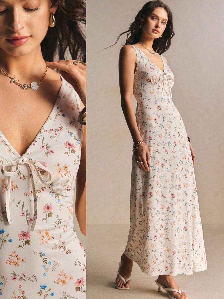 Vestido de verano con escote en V sin mangas con estampado floral diminuto para vacaciones en la playa - Blanco - Ver 1