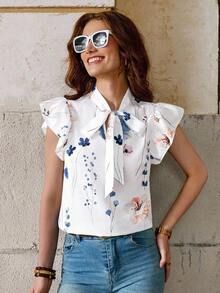 Blusa con lazo elegante para mujer, versátil para el trabajo y el uso casual, verano - Azul y blanco - Ver 10