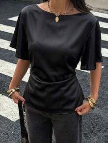Camisa casual de mujer con ribete de contraste en la cintura y manga corta, para verano - Negro 2 - Ver 7