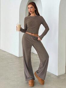 Conjunto de pijama informal para mujer de , incluye camiseta de manga larga con cuello redondo a rayas y pantalones rectos a rayas, adecuado para uso diario, deportes, otoño/invierno, ropa para el regreso a clases, conjunto de dos piezas a rayas marrones, para uso diario, oficina, salidas. - Multicolor 2 - Ver 9