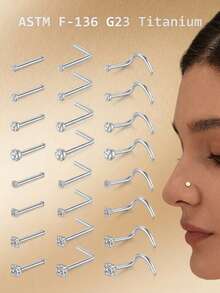 CIZME Khuyên mũi hợp kim titan 20G, khuyên mũi hình chữ L G23, trang sức xỏ mũi unisex, khuyên mũi 0.8mm màu bạc, trang sức xỏ mũi 1.5mm 2mm 2.5mm 3mm đính đá CZ - Bạc - Xem 1