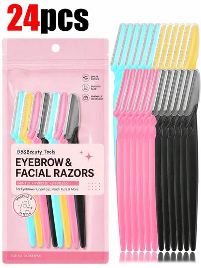 Set de 24 piezas/12 piezas/6 piezas/1 pieza Recortadora de cabello, diseñada para hombres y mujeres, Rasuradora de cejas y afeitadora facial, Herramienta exfoliante, Diseño de mango largo, Equipada con cubierta protectora de precisión, Cuchilla de red protectora de acero inoxidable con cubierta, Recortadora de cejas reutilizable y lavable adecuada para principiantes en el perfilado de cejas, Recortadora de vello facial