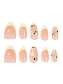 24pcs/Set Medium-Length Almond-Shaped Nail Wraps, A Bee & Floral Theme Manicure Set Perfect For Spring & Summer, Featuring Bee And White Flower Patterns To Showcase A Vibrant Natural Vibe, Includes 1pc Gel Polish And 1pc Nail File, Suitable For Women And Girls For Daily, Party And Other Occasions. - Multicolor - View 5