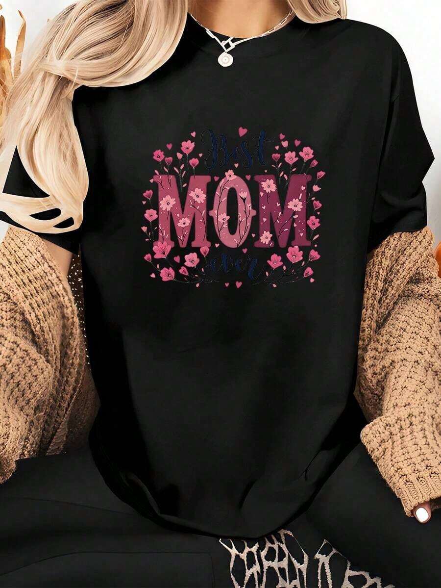 Highly Recommended [S-7XL] New Women's Cotton T-Shirt, Short Sleeve Floral Print T-Shirt For Mother's Day. This Short-Sleeved T-Shirt With A Round Neck Is Soft, Breathable, And Versatile, Making It Suitable For Everyday Wear-A Must-Have For Fashionable Women! The Perfect Gift For Mom On Mother's Day. Easy To Match. - 黑色 - 查看 1
