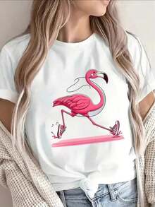 playeras de algodón mujer 1pscRopa de mujer: Camiseta de primavera/verano para mujer con estampado de un flamenco corriendo con zapatillas, cuello redondo, manga corta, top casual y elegante, ropa de fiesta elegante, corte holgado, regalo para vacaciones, diseño divertido, ropa de uso diario, ropa para estar en casa. 100%cotton ropa de mujer Daily home top - Blanco - Ver 1