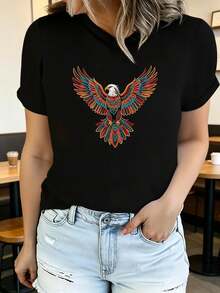 Women's Soft Printed Short Sleeve Summer T-Shirt With Eagle Design, Stylish And Casual, Machine Washable, Comfortable Fit, 2D Flat Print, Elegant Blouses For Women. - 黑色1 - 查看 1